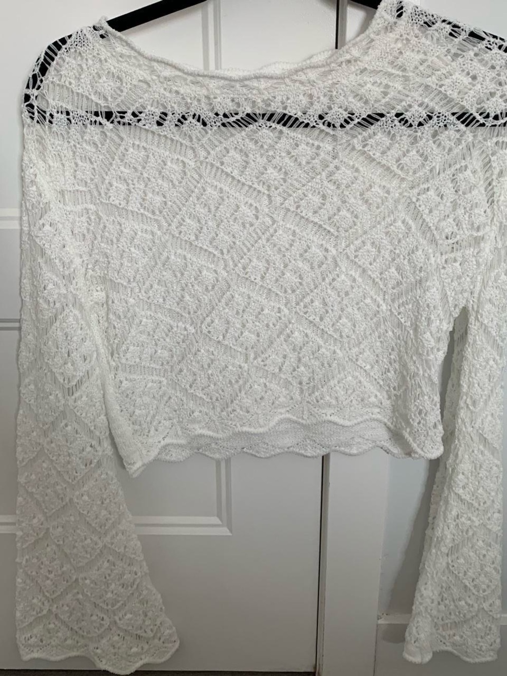 White Crocheted Long Sleeve Crop Top